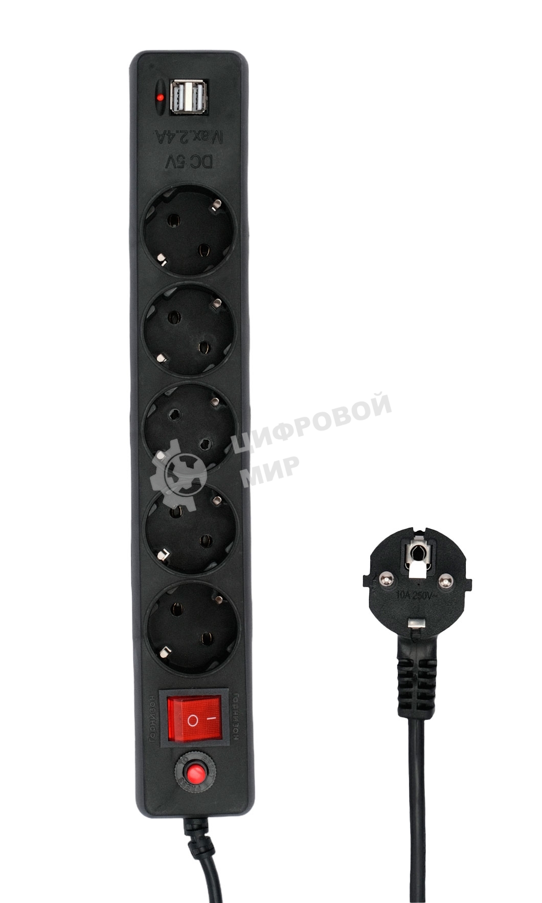 Сетевой фильтр Гарнизон 5 р, 10А, 2xUSB, 1.8 м, ур.защиты 4, черный, пакет