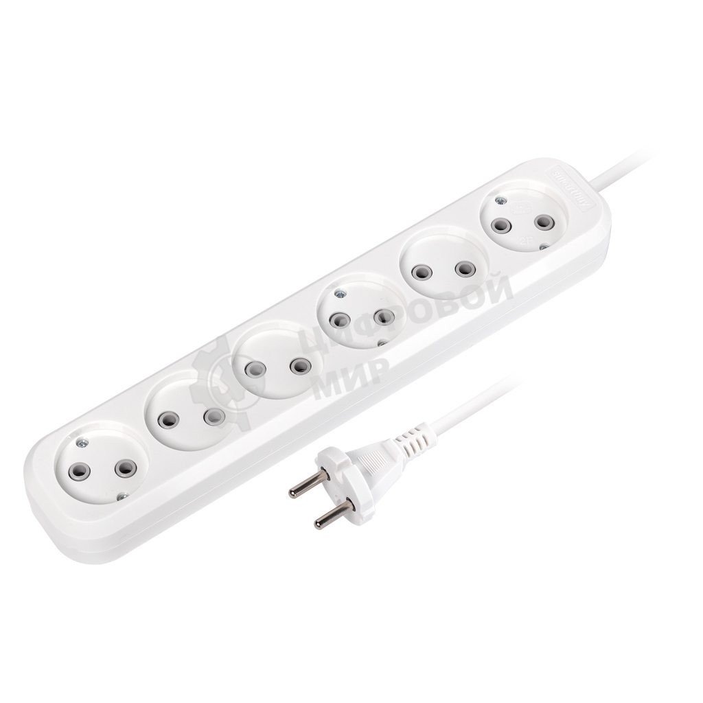 Удлинитель Smartbuy, 6 гнезд 10 метров 10А/2,2 кВт без заземления ПВС 2х1,0 (SBE-10-6-10-N)