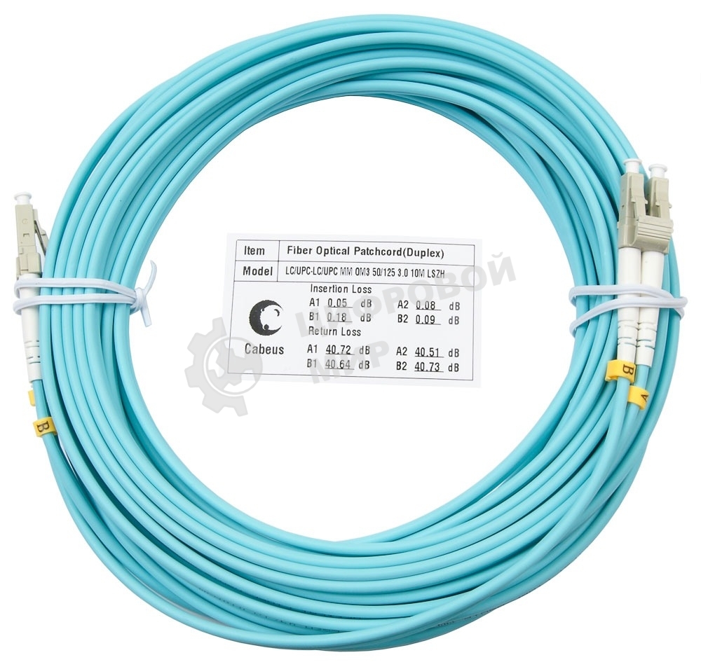 Шнур оптический Cabeus Tight Buffer, Duplex LC/LC, OM3 50/125, LSZH, 10м, d= 3мм, серый хвостовик, аква
