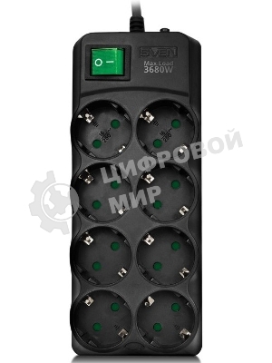 Сетевой фильтр SVEN SF-08E-16 5,0 м (8 розеток с защитными шторками,16А) черный, цветная коробка SV-021726