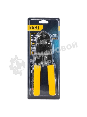 Обжимные клещи Deli DL381008 RJ45 Размер: 205мм. Спецификация обжима: 8P. Холоднокатаный стальной лист с черной отделкой, ручка из ПВХ. Лезвие SK5. Инструмент для зачистки проводов, кусачки и обжимной инструмент 3-в-1.