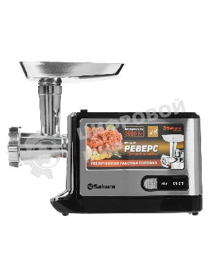 Мясорубка электрическая Sakura SA-6419BK Premium серебристый/черный, 2000 Вт, 2.0 кг/мин, реверс, защита от перегрузки, насадки - 2