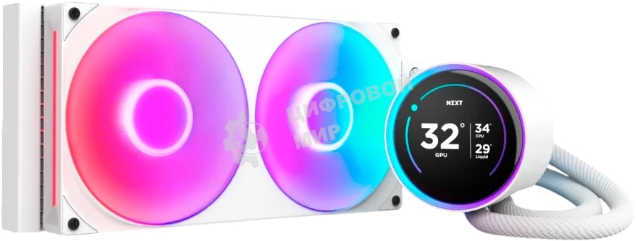 Система жидкостного охлаждения для ПК/Water Cooling System NZXT Kraken Elite 280 RGb (250W, 280мм, LED temp., белый/Fans: 2x140мм, 98.61CFM, 34.5dBA, 2000RPM/Pump height 65мм, 2800RPM, Rad thickness 27мм/S: 1851, 1700, 1200, 115X, AM5, AM4)