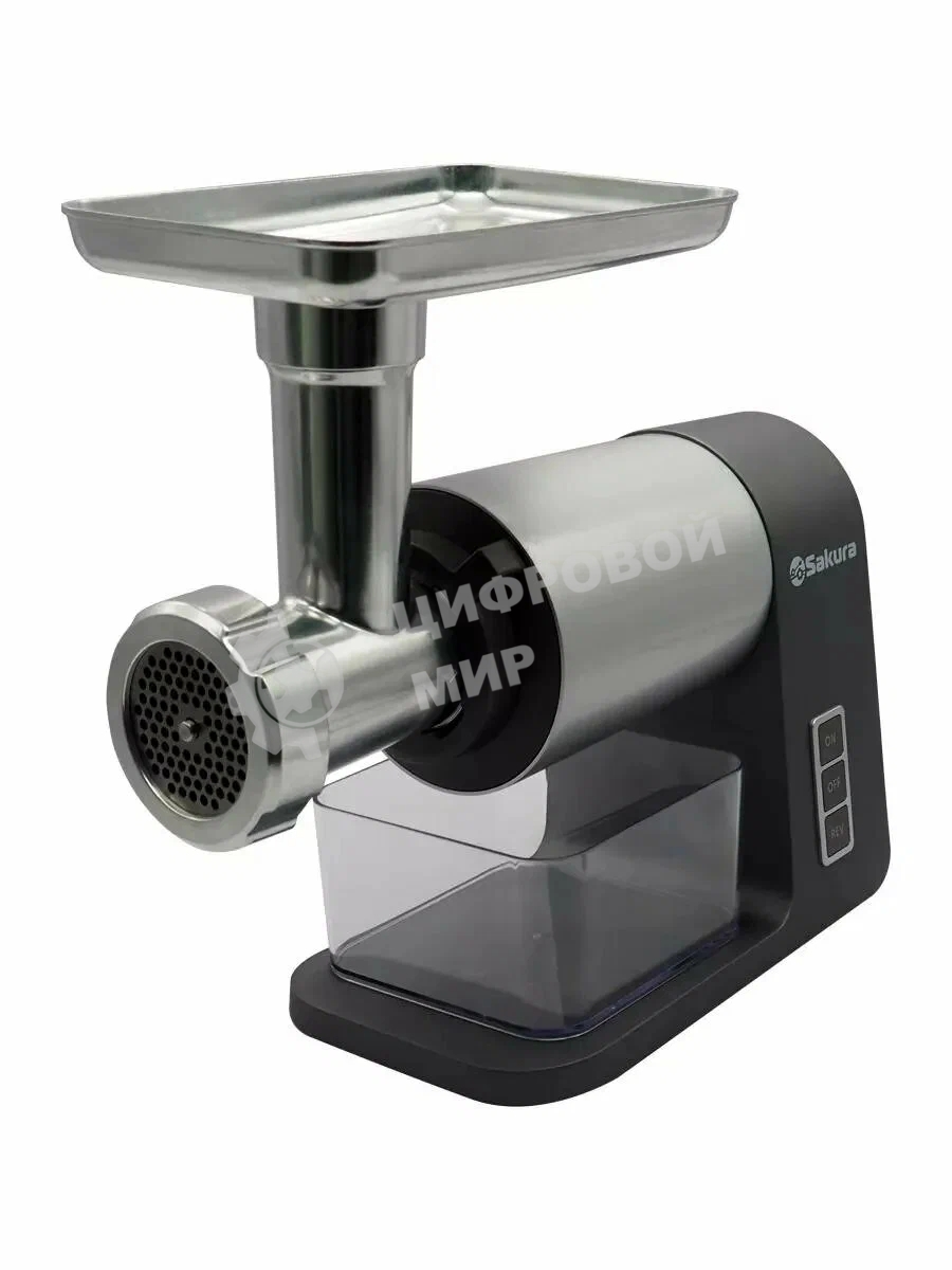 Мясорубка электрическая Sakura SA-6425G Premium серый, 2400 Вт, 2.5 кг/мин, реверс, защита от перегрузки, металлический лоток, насадки - 5