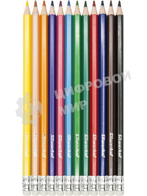 Карандаши цветные Silwerhof Create 3мм, шестигранный профиль, пластик, ассорти, 12 цветов, коробка с европодвесом ластик