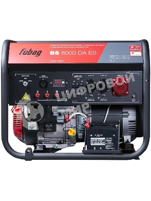 Генератор бензиновый FUBAG BS 8000 DA ES 641018 Мах мощность, (LTP), 9,5 кВА, Длительная мощность (COP), 7.5 кВт 25 бака л, объем 459 см, мощность 10,29/14 кВт/л.с., 230/400 В, 84 дБ (7 м), 102 Вес, кг