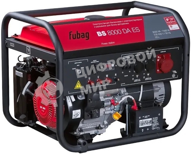 Генератор бензиновый FUBAG BS 8000 DA ES 641018 Мах мощность, (LTP), 9,5 кВА, Длительная мощность (COP), 7.5 кВт 25 бака л, объем 459 см, мощность 10,29/14 кВт/л.с., 230/400 В, 84 дБ (7 м), 102 Вес, кг