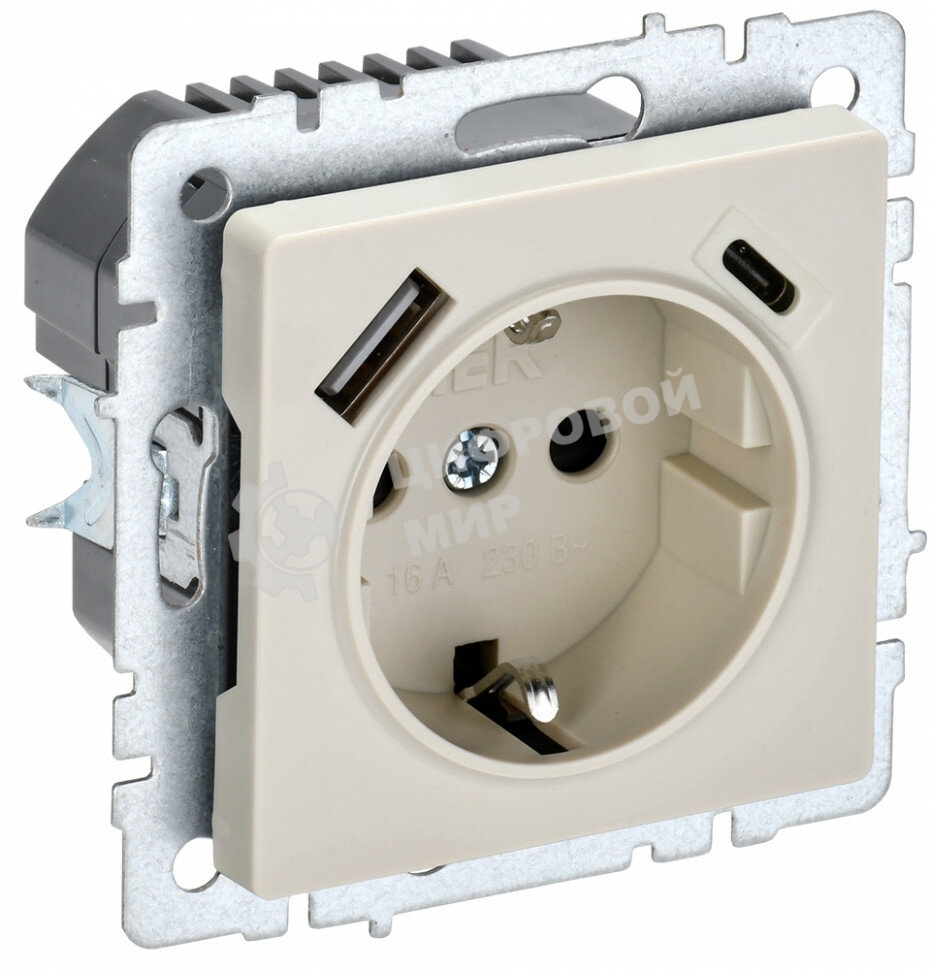 Розетка 1-местная IEK BRITE РЮш11-1-БрКр (BR-R14-16-U22-018-K10) с заземлением, с защитными шторками, 16А, с USB A+C 18 Вт, бежевый