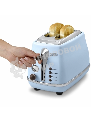 Тостер DeLonghi CTOV 2103.AZ, 900 Вт, на 2 тоста, разморозка, обжаривание, решетка для подогрева, поддон, голубой
