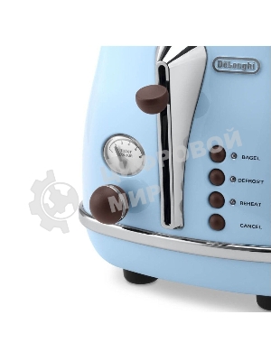 Тостер DeLonghi CTOV 2103.AZ, 900 Вт, на 2 тоста, разморозка, обжаривание, решетка для подогрева, поддон, голубой
