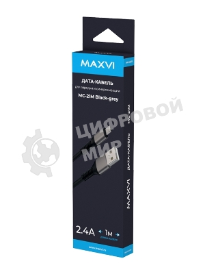 Дата-кабель Maxvi MC-21M USB-MicroUSB 2.4А, 1м, black-grey