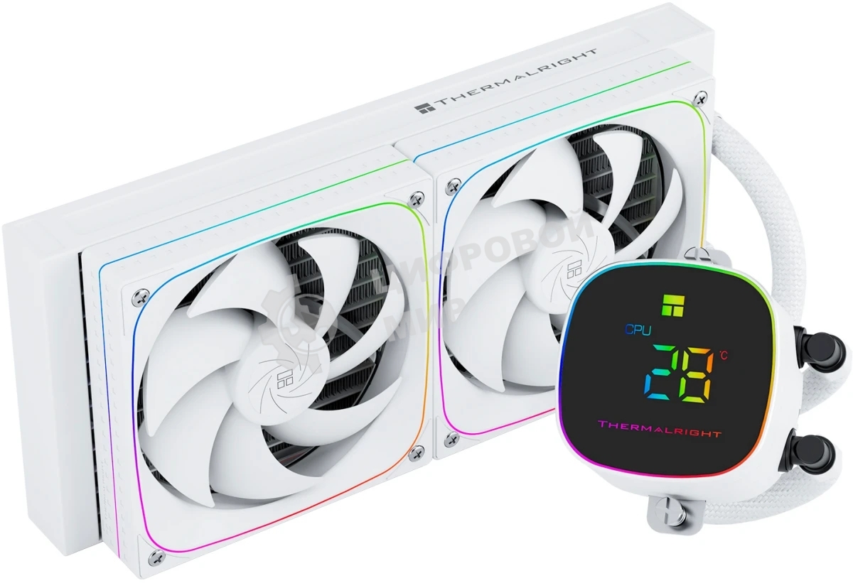 Система жидкостного охлаждения Thermalright Frozen Horizon 240 Digital (240мм, LED temp., White, ARGB/Fans: 2x120мм, 68.9CFM, 28.2dBA, 2000RPM/Pump height 53.2мм, Rad thickness 27мм/S: 1700, 1200, 1851, 115X, AM5, AM4)