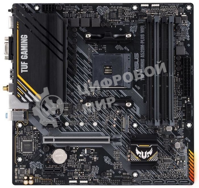 Материнская плата ASUS TUF GAMING A520M-PLUS WIFI, AM4, AMD A520, 4xDDR4, 4xSATA, 1xM.2, 1xPCIe 3.0 x16, 2xPCIe x1, 1xVGA, 1xHDMI, 1xDP, 1x 1Gb LAN, 2xUSB-A 3.2 Gen 1, 2xUSB-A 2.0, 3x3.5 мм, 7.1, mATX