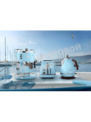 Тостер DeLonghi CTOV 2103.AZ, 900 Вт, на 2 тоста, разморозка, обжаривание, решетка для подогрева, поддон, голубой