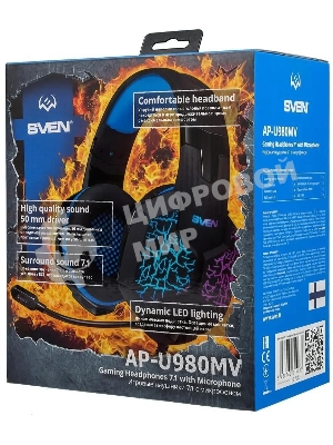 Гарнитура проводная SVEN AP-U980MV, черный-синий (USB, LED, 7.1, 2.2m)