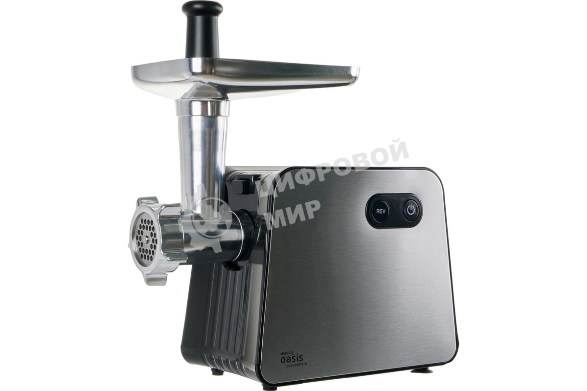 Мясорубка электрическая OASIS MG-TK2 серый, 2000 Вт, 2.5 кг/мин, реверс, защита от перегрузки, металлический лоток, насадки - 5