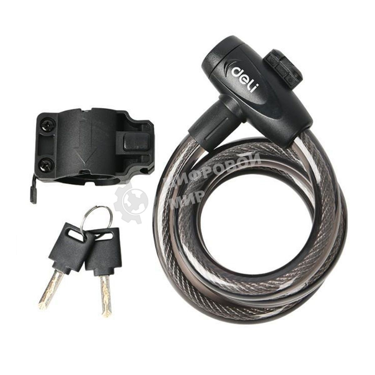 Замок тросовый велосипедный Deli DL508062 12x1000 мм, два ключа, держатель на раму