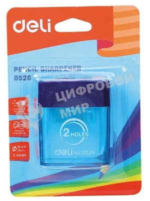 Точилка для карандашей ручная Deli E0526, 2 отверстия, пластик, ассорти блистер