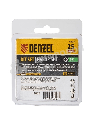Набор бит Denzel PZ1х25, сталь S2, шестигранный профиль, 10 шт.