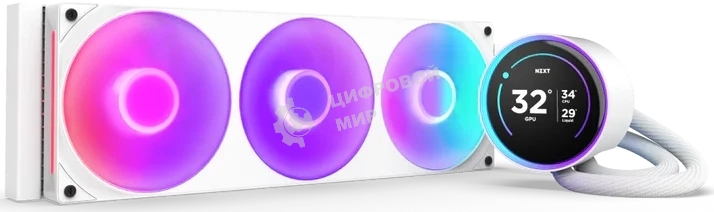 Система жидкостного охлаждения для ПК/Water Cooling System NZXT Kraken Elite 420 RGb (350W, 420мм, LED temp., белый/Fans: 3x140мм, 98.61CFM, 34.5dBA, 2000RPM/Pump height 65мм, 2800RPM, Rad thickness 27мм/S: 1851, 1700, 1200, 115X, AM5, AM4)