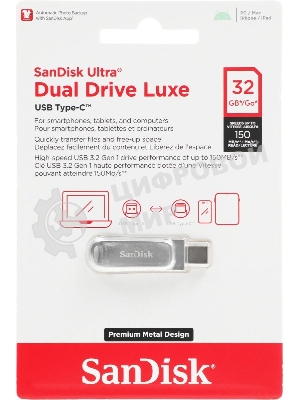 Флешка USB Sandisk Ultra Dual Luxe (SDDDC4-032G-G46), 32Gb, USB 3.2 Gen 1/Type-C, R/W 150/40, серебристый
