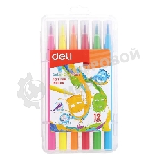 Фломастеры Deli EC10304 Color Emotion кисть, смываемые, 12 цветов, пластиковый пенал (12шт)