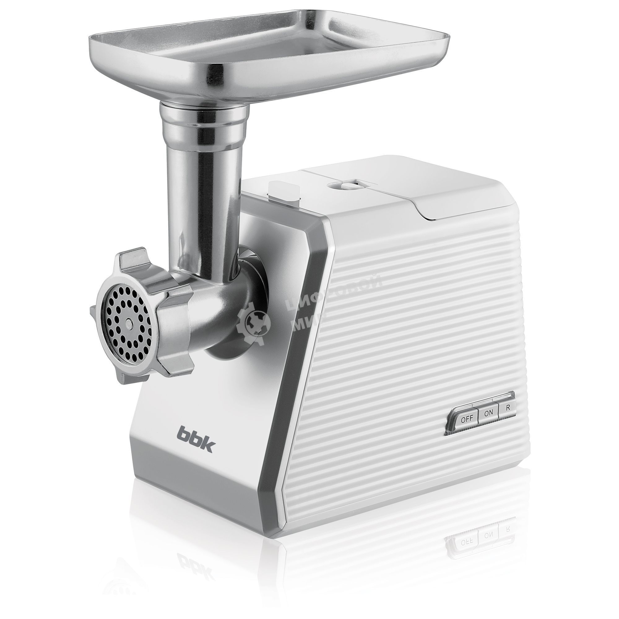 Мясорубка электрическая BBK MG2005 2000 Вт, белый/серый, 2000 Вт, 2.0 кг/мин, реверс, защита от перегрузки, металлический лоток, насадки - 7