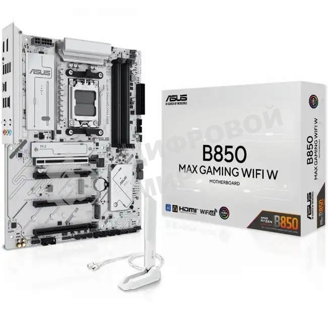 Материнская плата ASUS B850 MAX GAMING WIFI W, AM5, AMD B850, 4xDDR5, 4xSATA, 3xM.2, 1xPCIe 5.0 x16, 1xPCIe 4.0 x4, 2xPCIe 3.0 x1, 1xDisplayPort, 1xHDMI, 1x2.5Gb LAN, Wi-Fi 6E, Bluetooth 5.3, 1xUSB-C 10Gbps, 3xUSB-A 10Gbps, 2xUSB-A 5Gbps, 2xUSB-A 2.0, 3x3.5 мм, 7.1, ATX