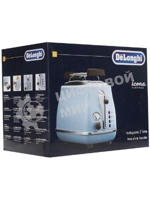 Тостер DeLonghi CTOV 2103.AZ, 900 Вт, на 2 тоста, разморозка, обжаривание, решетка для подогрева, поддон, голубой