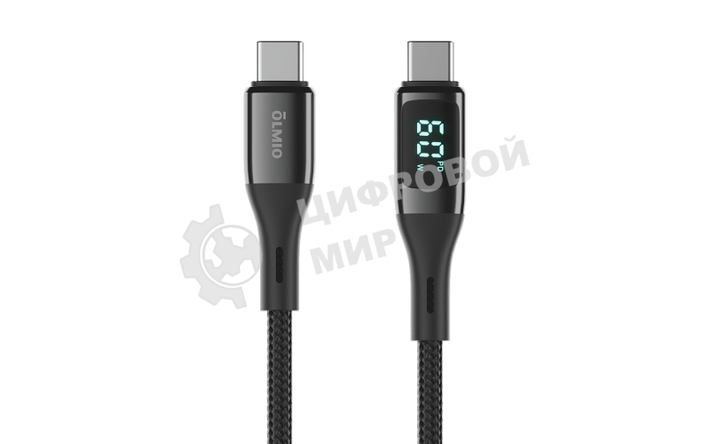 Кабель OLMIO GEEK, Type-C - Type-C, 60W, 1.2м, тканевая оплетка, LCD, черный