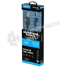 Кабель Maxvi MCm-02L black, USB-A - Lightning, 2A, магнитный разъем, LED ток макс. нагрузки 2А, макс. напряжение 5V; стандарт USB 2.0; длина 1.5м, нейлоновая оплетка, съемный магнитный коннектор, LED подсветка, черный