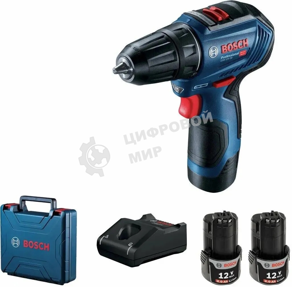 Дрель-шуруповерт Bosch GSR 12V-30, 12 В, 2 Ач, 30 Нм, бесщеточный