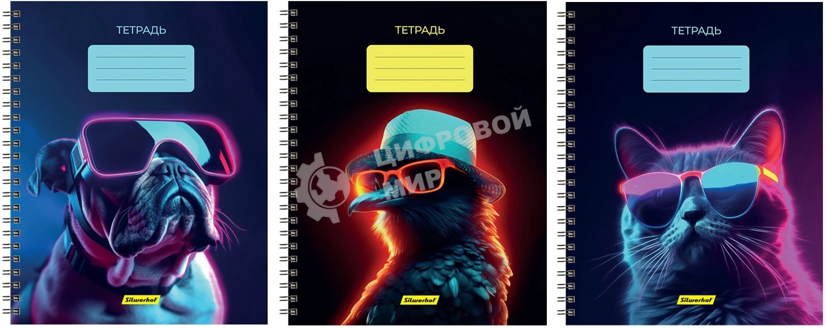 Набор тетрадей Silwerhof 2001674 48 листов, клетка, A5, Неоновые животные в очках 3 дизайна, мелованный картон, гребень (упаковка: 3шт)