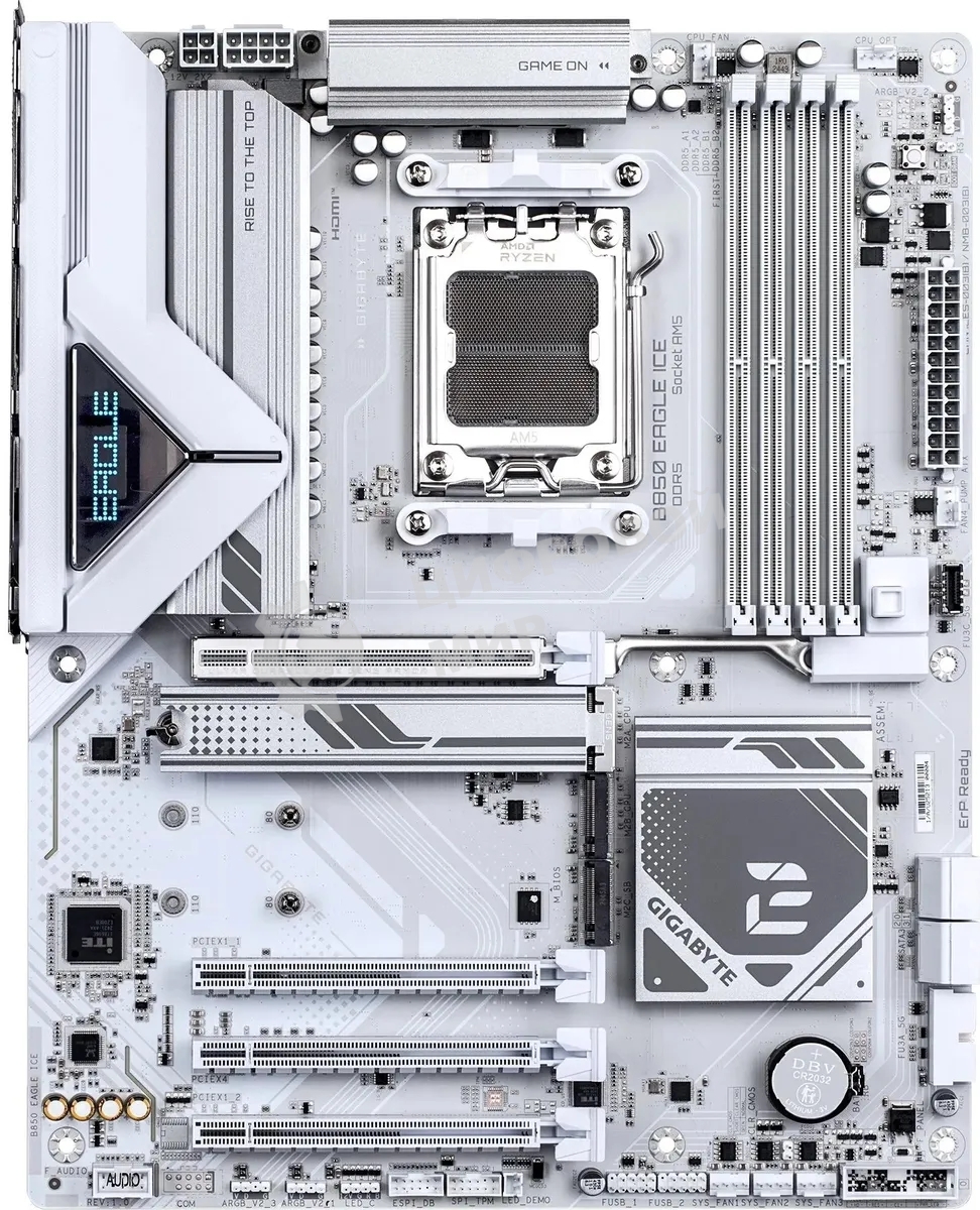 Материнская плата Gigabyte B850 EAGLE ICE, AM5, AMD B850, 4xDDR5, 4xSATA, 3xM.2, 1xPCIe 5.0 x16, 1xPCIe 4.0 x4, 2xPCIe 3.0 x1, 1xDP (v1.4), 1xHDMI (v2.1), 1x2.5Gb LAN, 2xUSB-A 10Gbps, 2xUSB-A 5Gbps, 6xUSB-A 2.0, 1xUSB-C 5Gbps, 3x3.5 мм, 7.1, ATX