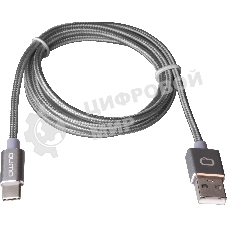 Кабель Qumo Type-С кабель, 1м, USB 2.0, 5В, 2А, 10Вт, тканевая оплетка, стальной коннектор, серый космос