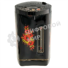 Термопот ВАСИЛИСА ВА-5007 Жостово Объем 4,5 л, Мощность в режиме кипячения 900 Вт. Мощность в режиме поддержания температуры воды 30 Вт. Внутренняя емкость из нержавеющей стали. Вращение корпуса на основании на 360°. Шкала уровня воды. Световые индикаторы работы. 3 способа разлива воды: ручной, автоматический, электрический. Режим поддержания температуры воды. Функции повторного кипячения и дехлорирования воды. Съемный сетевой шнур электропитания. Съемная крышка для удобства очистки. Защита от перегрева. Блокировка ручной помпы от случайного нажатия. Автоматическое отключение при недостаточном количестве воды. Цвет: черный. Декор: Жостово.