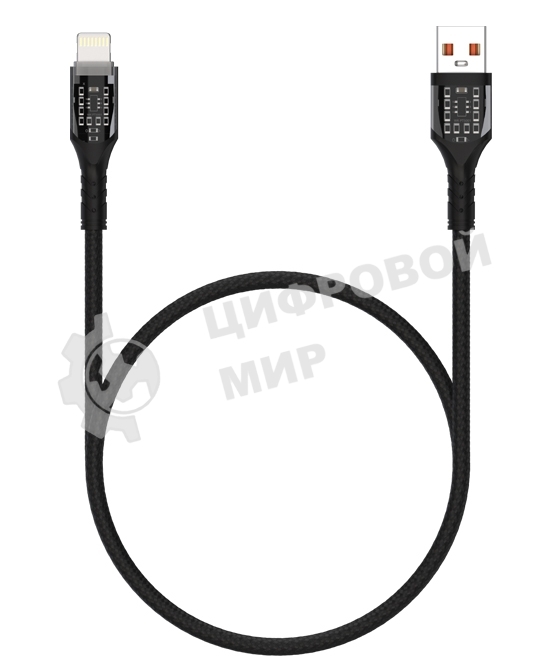 Дата-кабель Maxvi MC-33L USB-Lightning 2.4А, прозрачный корпус, LED подсветка, 1м, черный