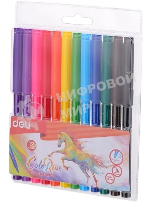 Фломастеры Deli EC10003 ColoRun, вентилируемый колпачок, 12 цветов, пакет с европодвесом
