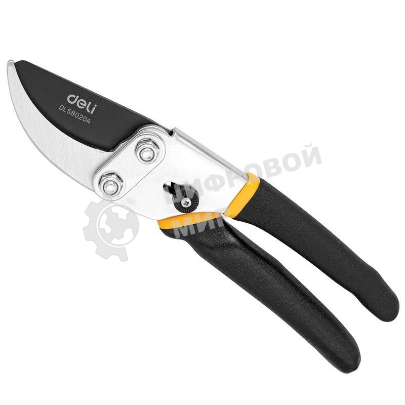 Секатор Deli DL580204 Размер 200 мм. Макс диаметр резки 15 мм. Сталь 55С. Термообработанная поверхность. Тефлоновая уплотненная пластиковая ручка.
