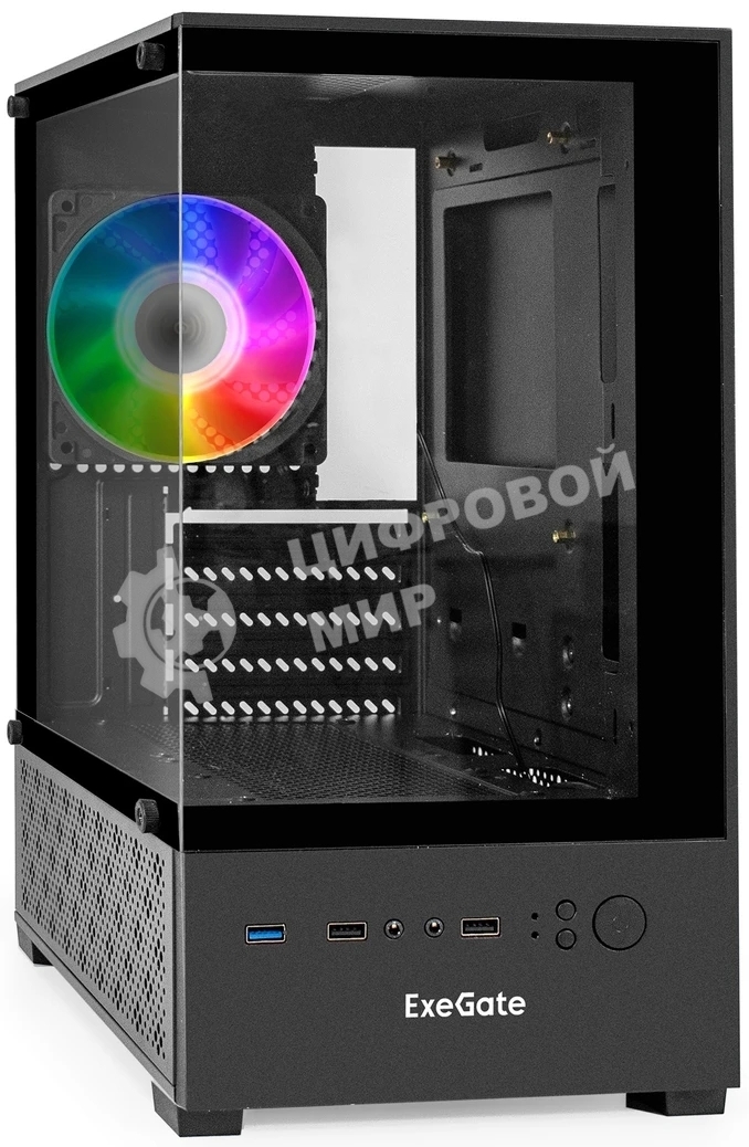 Компьютерный корпус Minitower ExeGate i3 SEA (mATX, без БП, 1*USB+1*USB 3.0, HD аудио, черный, 1 вент. 12см с RGb подсветкой, передняя и боковая панели - закаленное стекло)