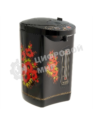 Термопот ВАСИЛИСА ВА-5007 Жостово Объем 4,5 л, Мощность в режиме кипячения 900 Вт. Мощность в режиме поддержания температуры воды 30 Вт. Внутренняя емкость из нержавеющей стали. Вращение корпуса на основании на 360°. Шкала уровня воды. Световые индикаторы работы. 3 способа разлива воды: ручной, автоматический, электрический. Режим поддержания температуры воды. Функции повторного кипячения и дехлорирования воды. Съемный сетевой шнур электропитания. Съемная крышка для удобства очистки. Защита от перегрева. Блокировка ручной помпы от случайного нажатия. Автоматическое отключение при недостаточном количестве воды. Цвет: черный. Декор: Жостово.