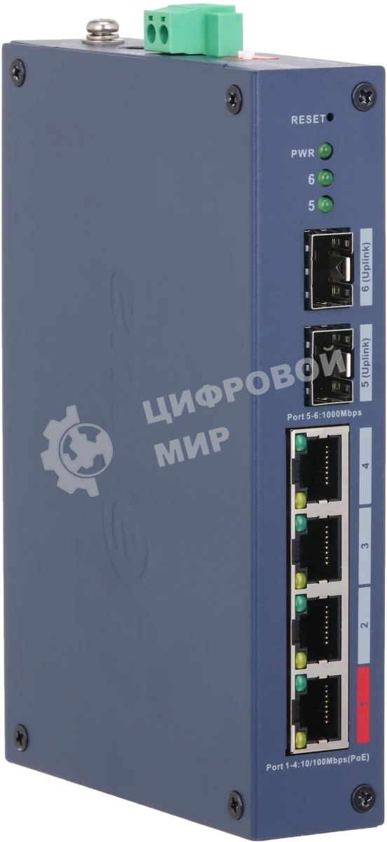 Коммутатор Dahua DH-CHS4206-4ET-90 4-портовый PoE управляемый 4 RJ45 10/100 Мбит/с (PoE/PoE+/Hi-PoE), 2 SFP 1000 Мбит/с (uplink); PoE: порт 1 до 90Вт IP30, IK06; монтаж на DIN-рейку