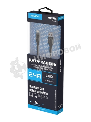 Дата-кабель Maxvi MC-33L USB-Lightning 2.4А, прозрачный корпус, LED подсветка, 1м, черный
