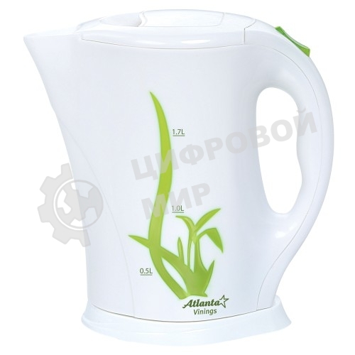 Чайник электрический Atlanta ATH-2305Тэн, 1.7 л, 2000 Вт, белый с зеленым, автомат откл при закипании, защита от перегрева воды, фильтр