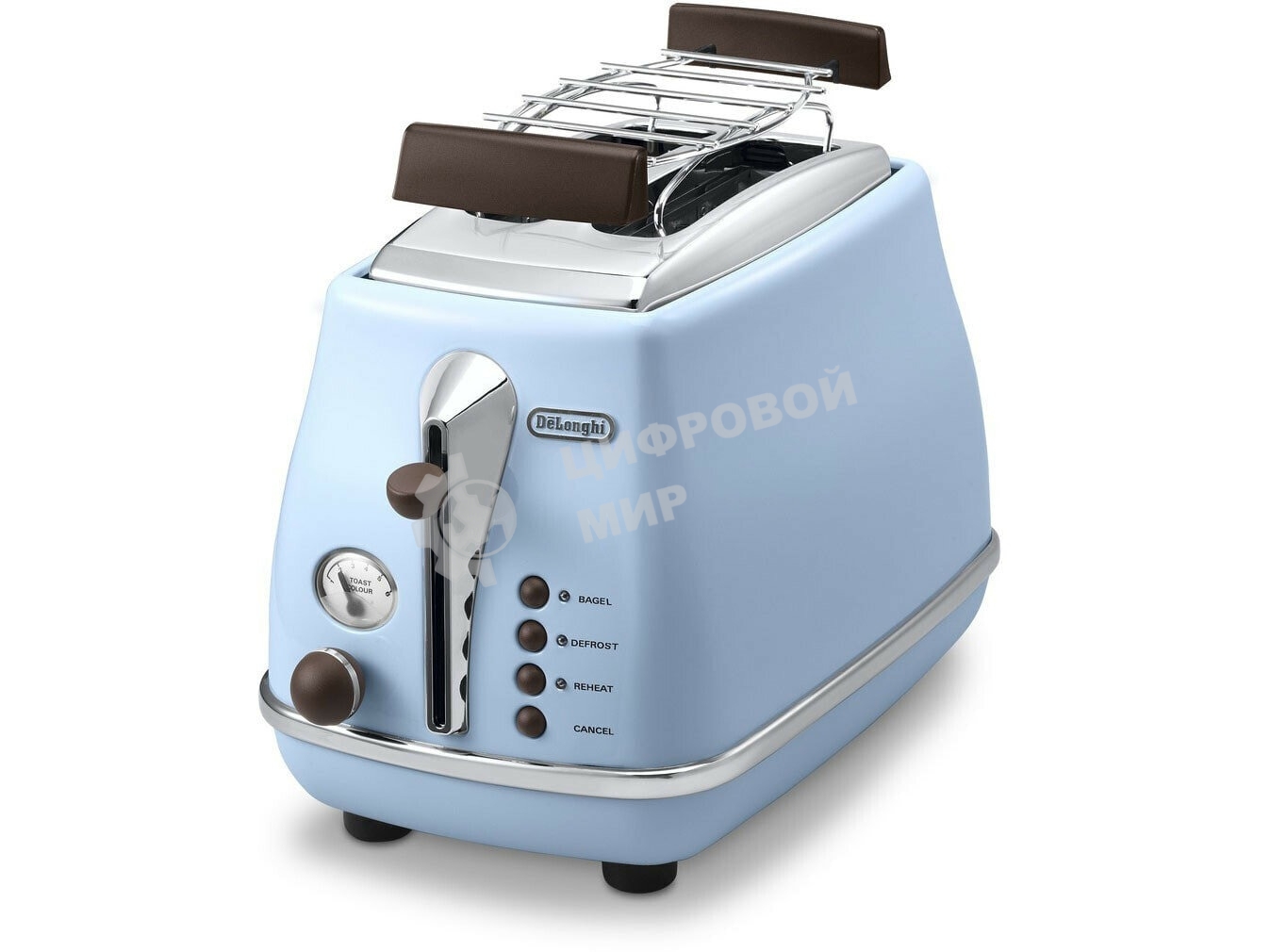 Тостер DeLonghi CTOV 2103.AZ, 900 Вт, на 2 тоста, разморозка, обжаривание, решетка для подогрева, поддон, голубой