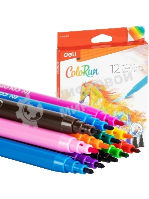 Фломастеры Deli EC10000 ColoRun, вентилируемый колпачок, 12 цветов, коробка с европодвесом