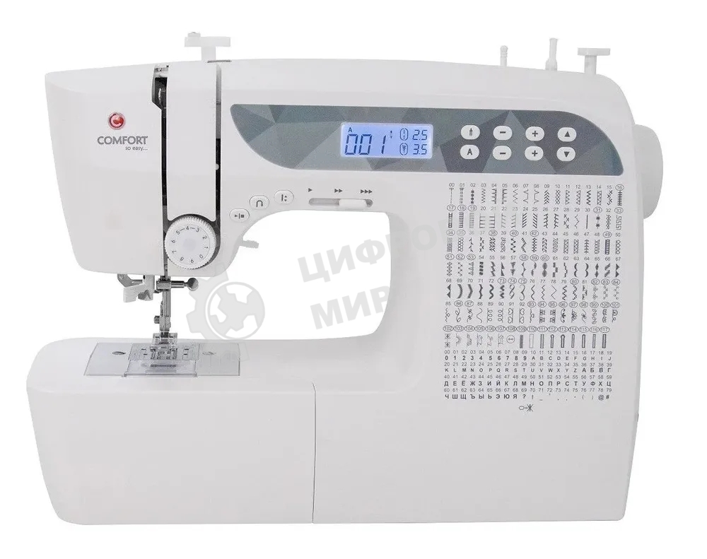Швейная машина Comfort 1001 200 операций, 9 видов петель, жк дисплей, нитевдеватель, горизонтальный челнок, русск./англ. алфавит, плавная регулировка скорости на корпусе, регулятор давления лапки, нитевдеватель, возможность шитья двойной иглой, возможность шитья без педали.