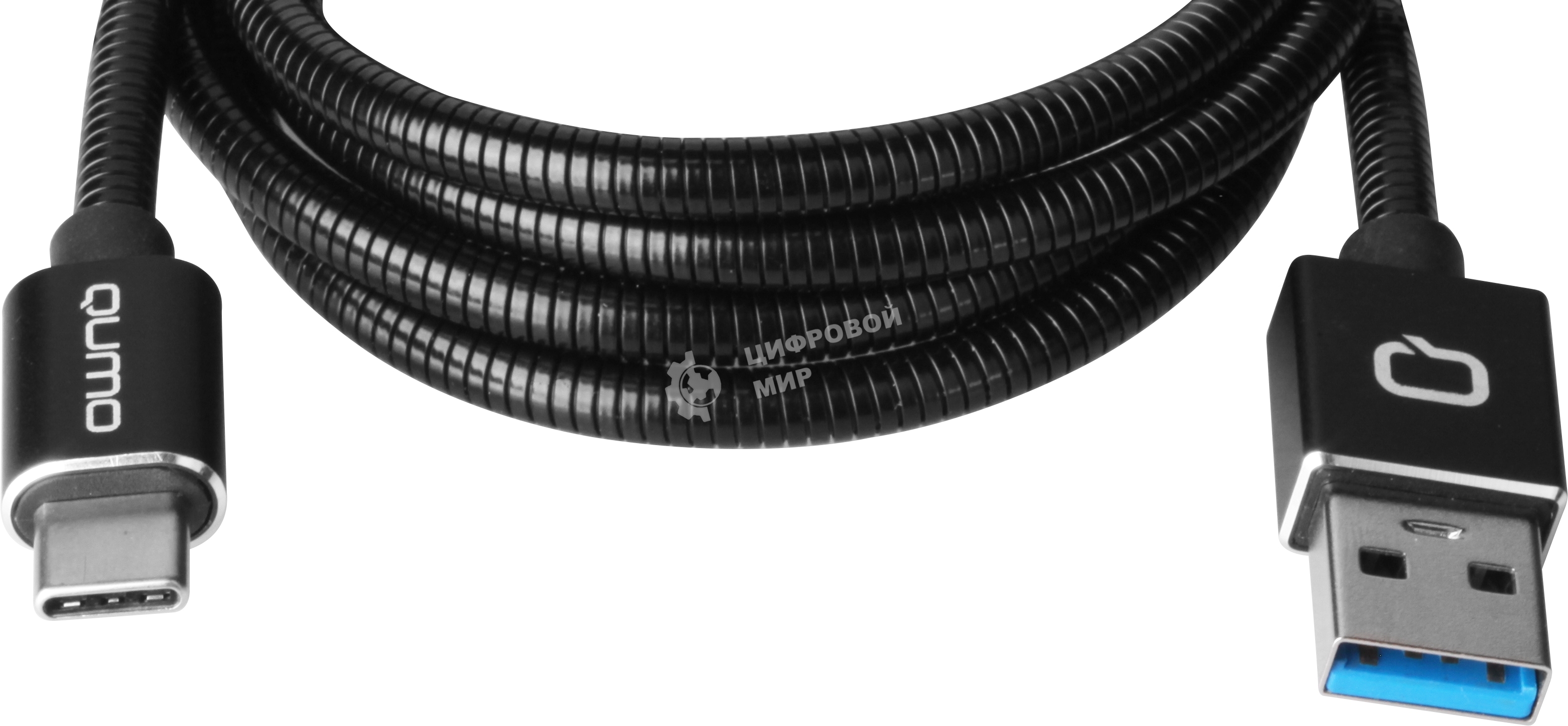 Кабель Qumo Type-С кабель, 1м, USB 3.0, 5В, 3А, 15Вт, металлическая оплетка, металлический коннектор, черный