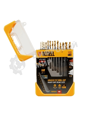 Набор сверл по металлу Denzel 1,5-6,5 мм, HSS-Tin, Golden Tip, 13 шт