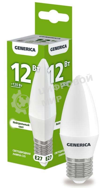Лампа светодиодная GENERICA LL-C35-12-230-40-E27-G C35 12Вт свеча 4000К E27 230В